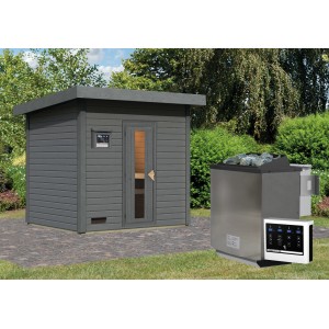 Karibu Saunahaus Arvi 3 Set mit Ofen, externer Steuerung und Bio-Funktion in Terragrau.