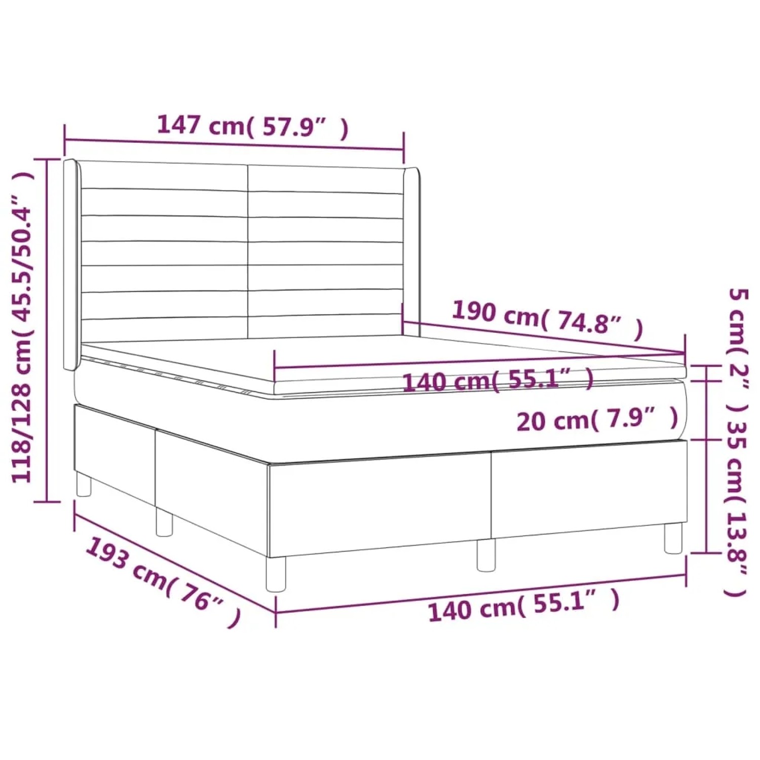 vidaXL Boxspringbett Creme 140x190 cm mit Matratze und Topper, Maßeinteilung