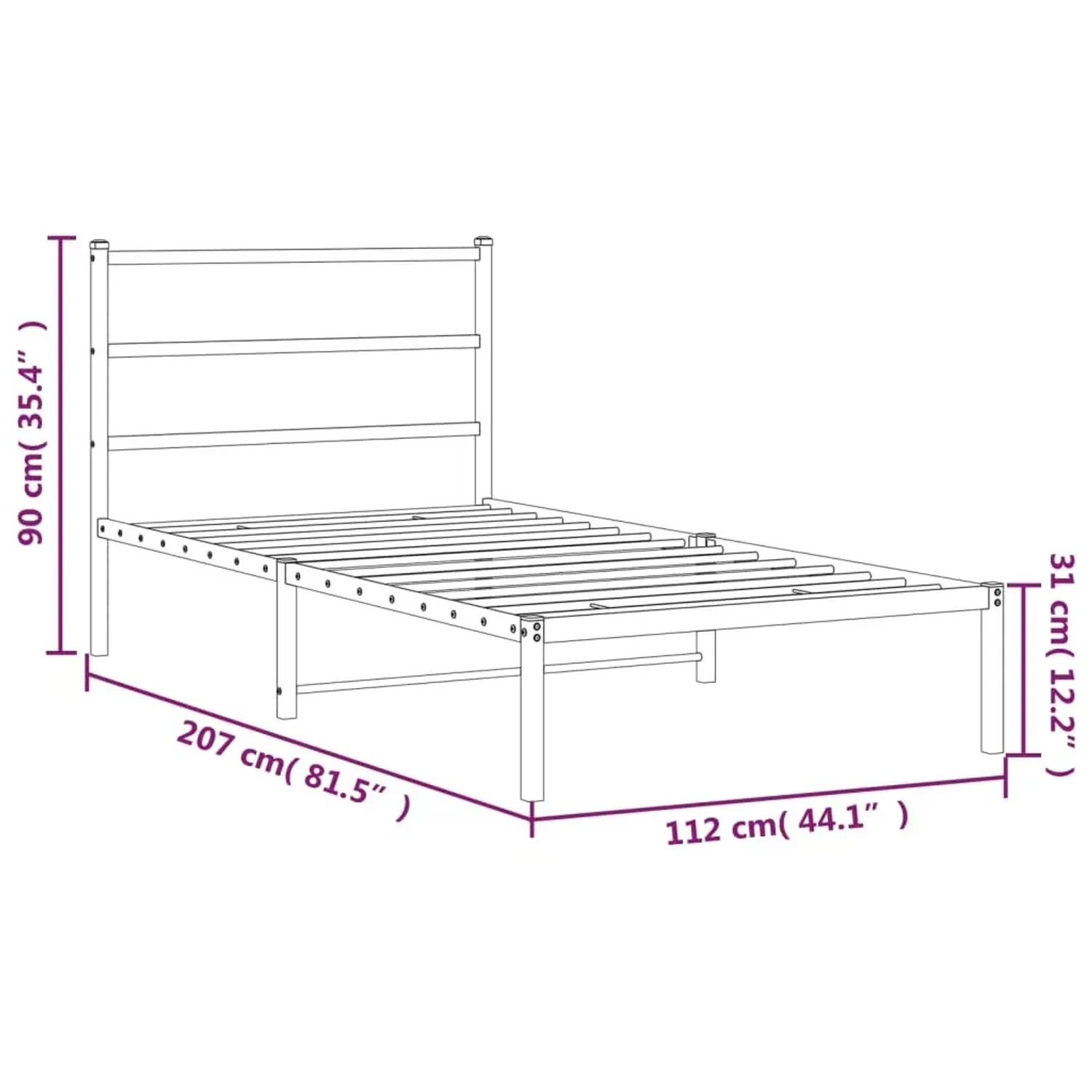 Schwarzes Metallbettgestell 107x203 cm mit Kopfteil für Schlafzimmer.
