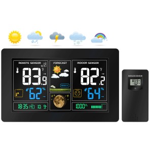 Echos Eco-450 Funkwetterstation mit Farbdisplay und Außensensor zeigt Wettervorhersage.