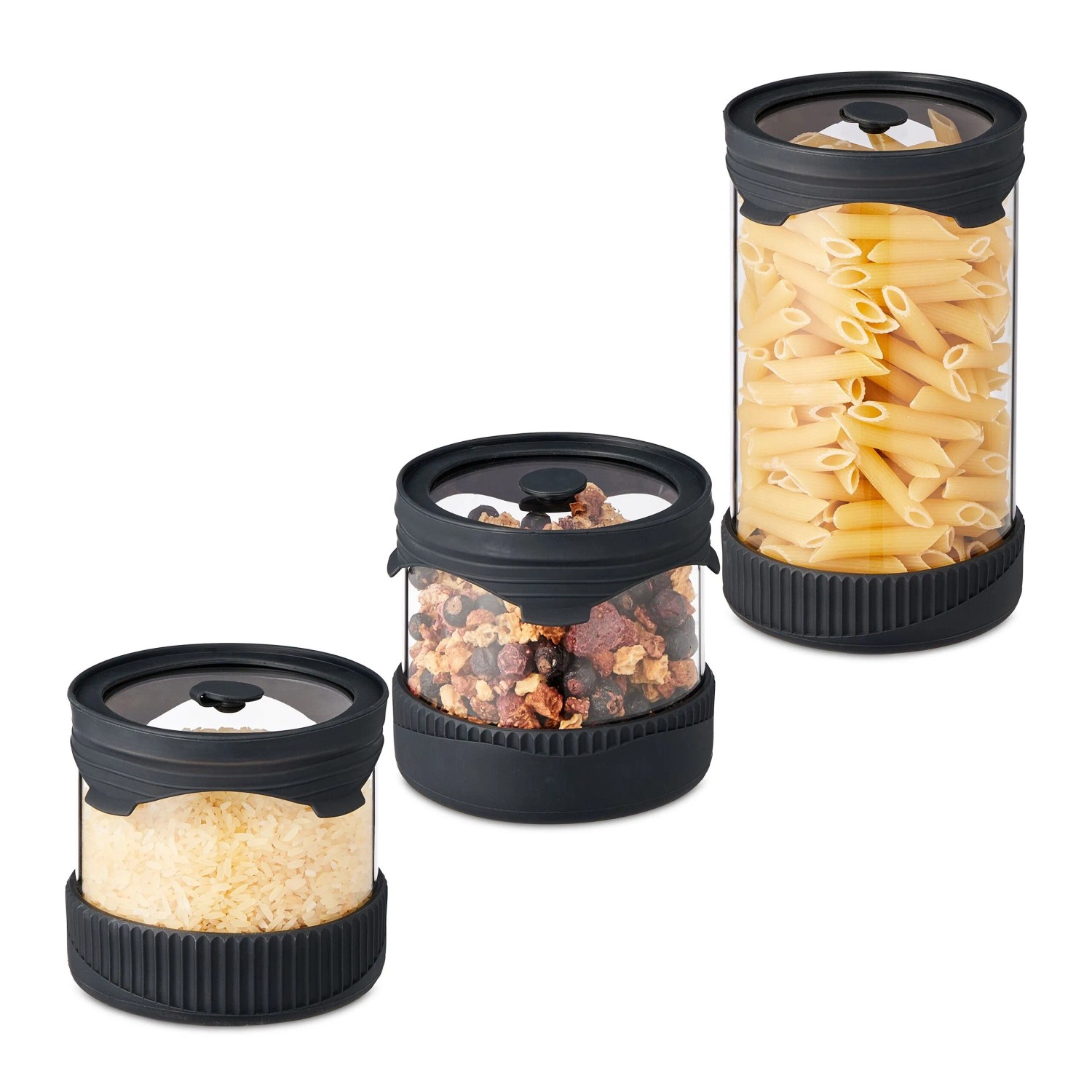 Relaxdays Vorratsgläser 3er Set Glas Silikon Transparent Schwarz Luftdicht Mikrowellengeeignet 17 cm x ø 10 cm 9 cm x ø 10 cm
