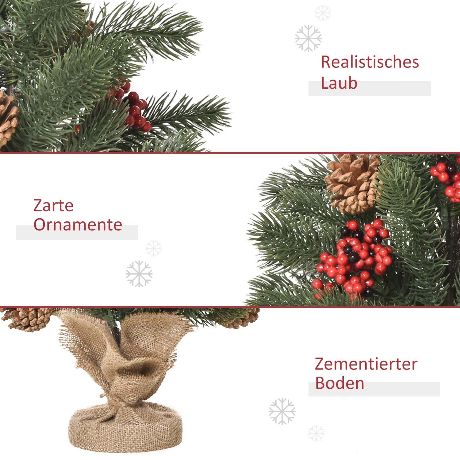 HOMCOM Weihnachtsbaum, 50 cm, mit roten Beeren und Tannenzapfen, ideal als Tischdeko.