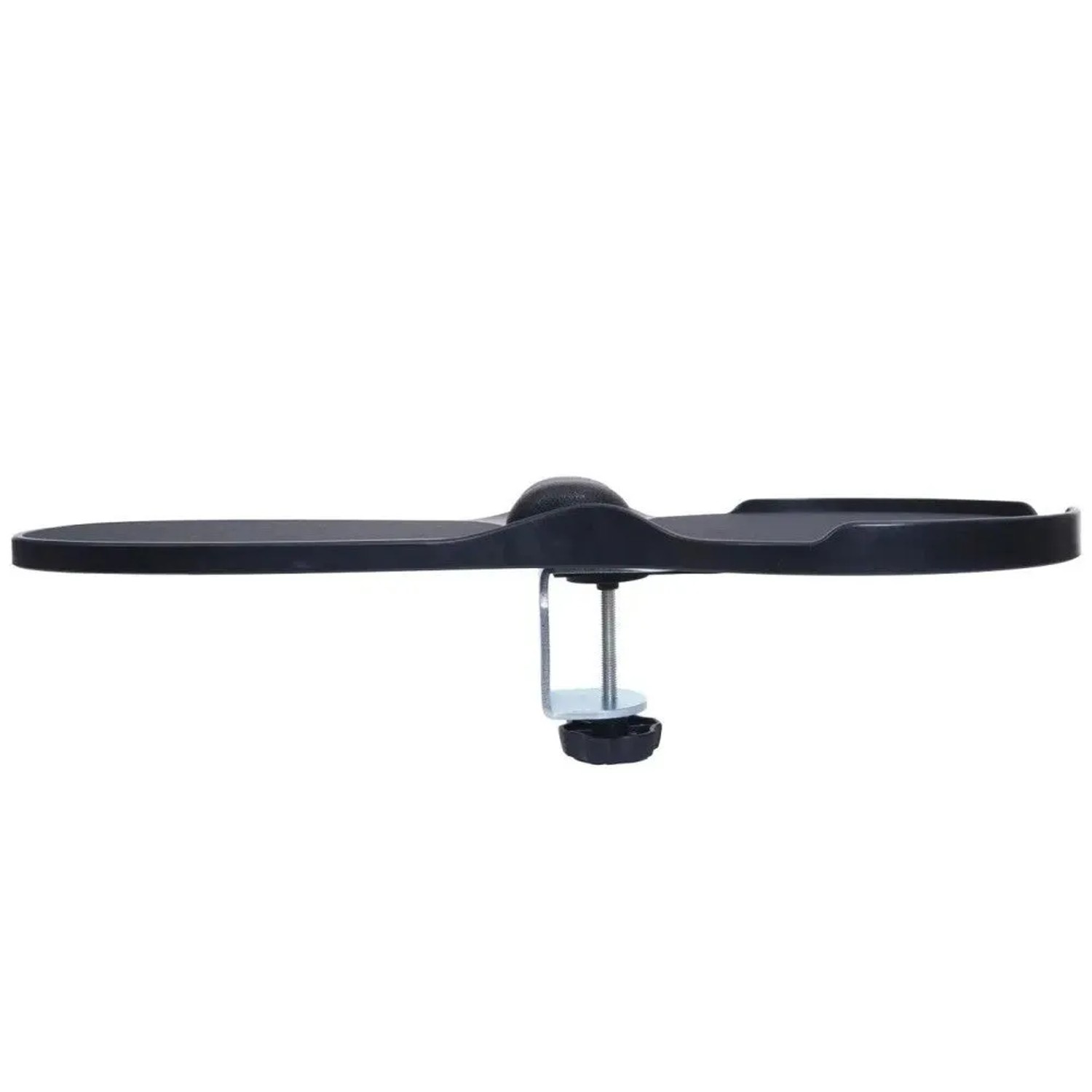 Schwarze ergonomische Armauflage mit Mauspad und Schraubklemme für Schreibtisch oder Bürostuhl.