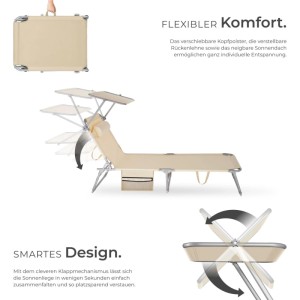 Beige Tectake Sonnenliege Chloé mit Sonnendach, klappbar und verstellbar. Ideal für Garten und Camping.