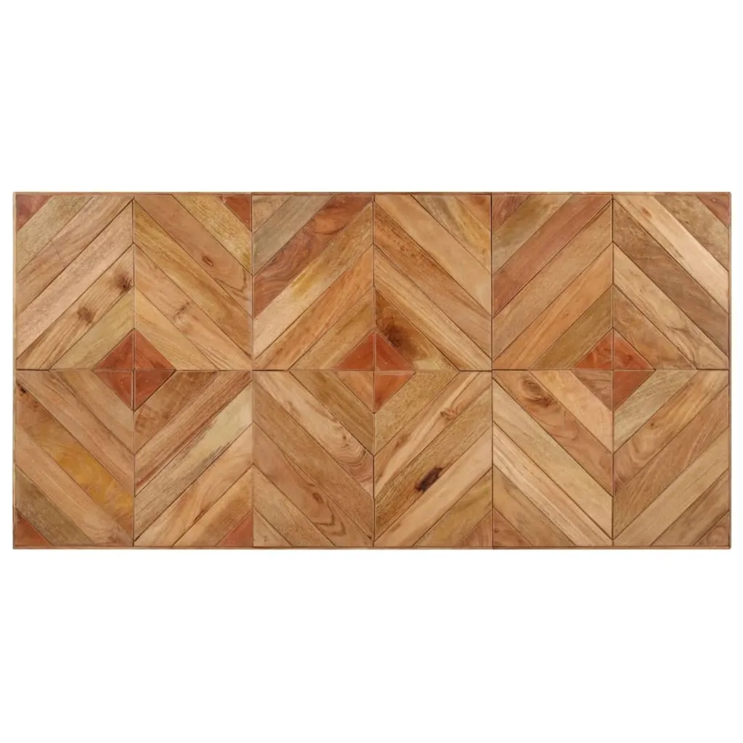 Esstisch aus Akazien- und Mangoholz mit Chevron-Muster, Tischplatte in Natur, Beine weiß pulverbeschichtet.