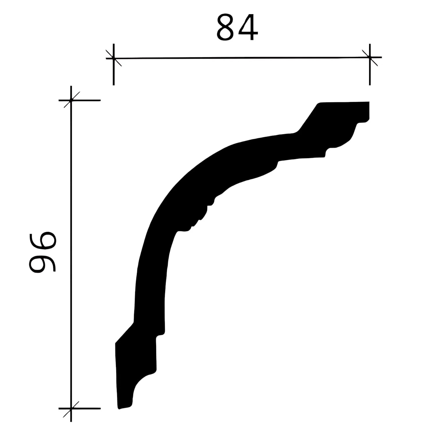 Detailzeichnung einer weißen PROFHOME Eckleiste (96x84mm) im Neo-Empire Stil; 10 Stück/Set.