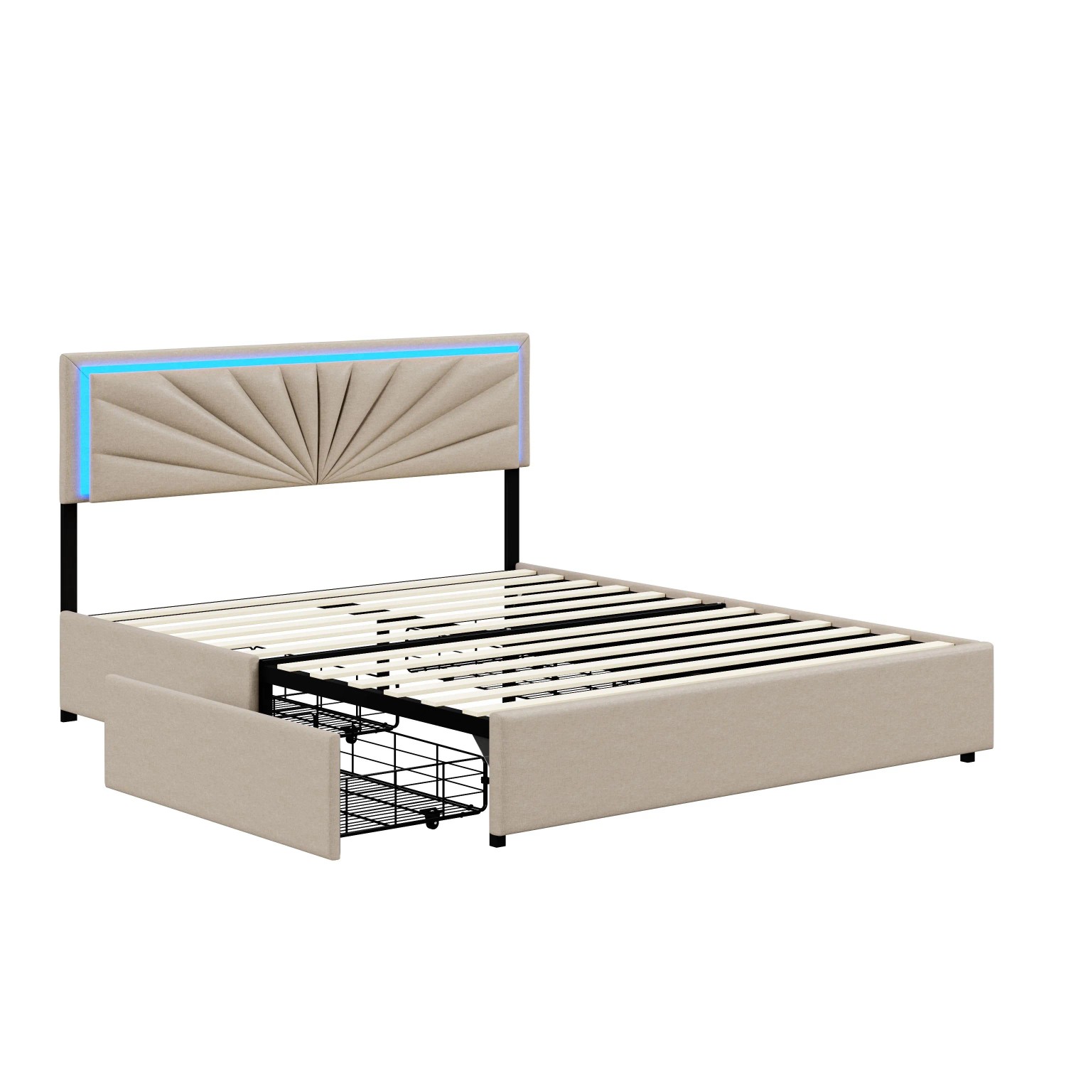 PXloue Bett Beige Polsterbett 160x200cm  mit LED-Beleuchtung  und Schubladen Leinen