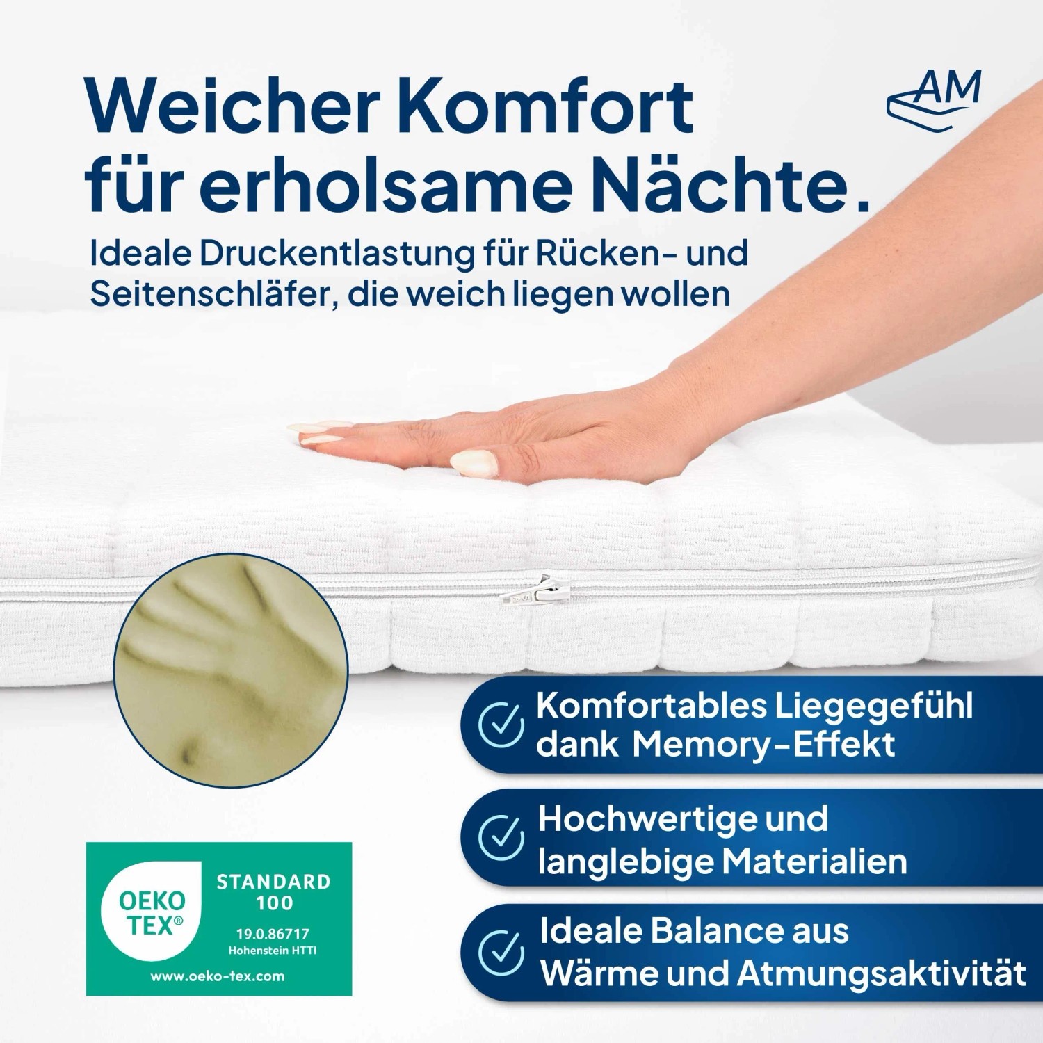 AM Visco Topper 140x190 cm: Matratzenauflage mit Memory-Effekt für hohen Schlafkomfort.
