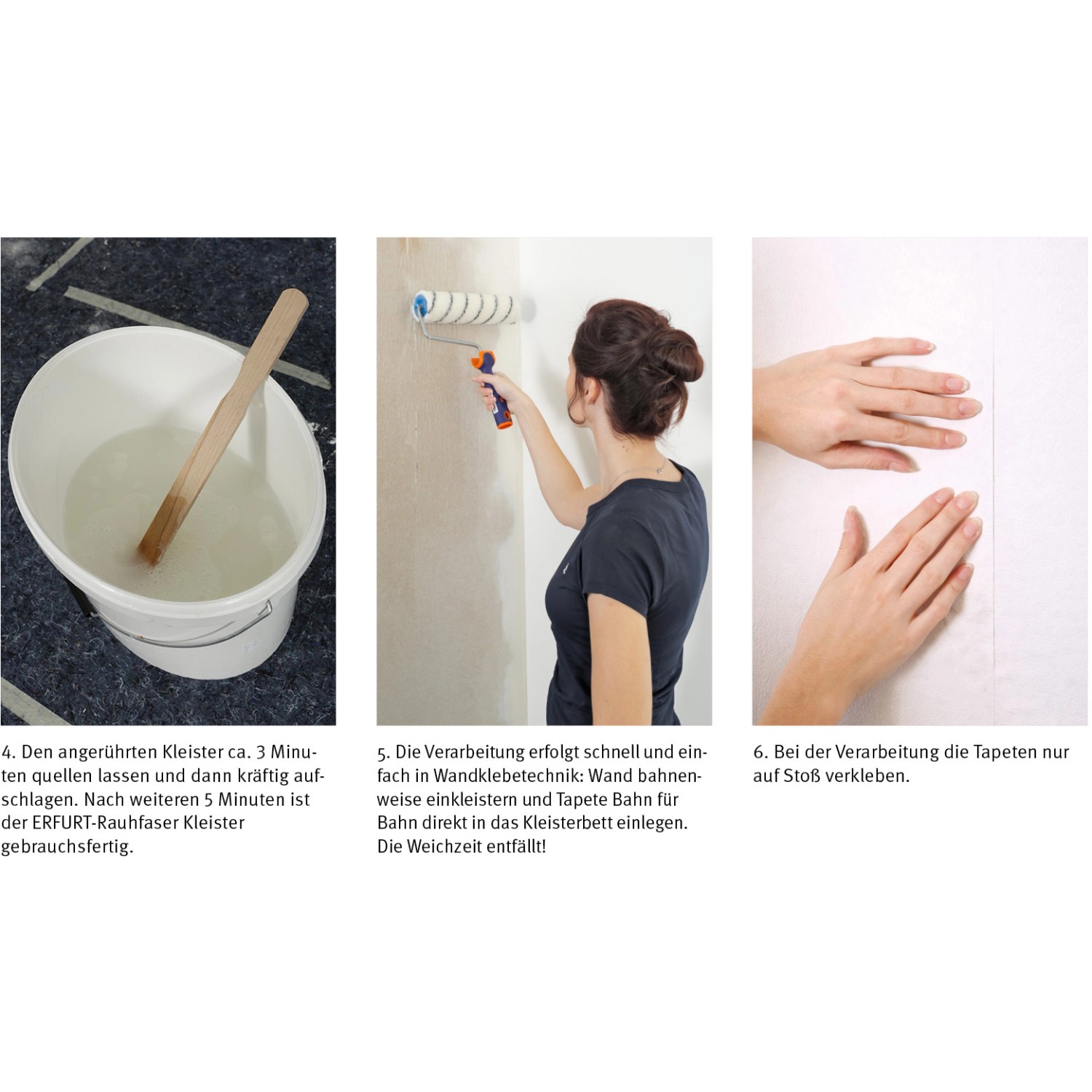 Anwendung von Erfurt Vlies-Rauhfaser-Kleister: Anrühren, Auftragen mit Farbroller, Anbringen der Tapete.