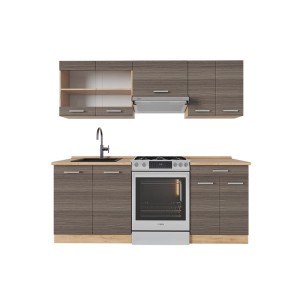 Vicco R-Line Küchenzeile in Edelgrau/Goldkraft Eiche, 200 cm breit, mit Spüle und Herd.