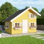 Gelbes Palmako Spielhaus Tom aus Fichtenholz mit Blumenkästen und weißer Tür.