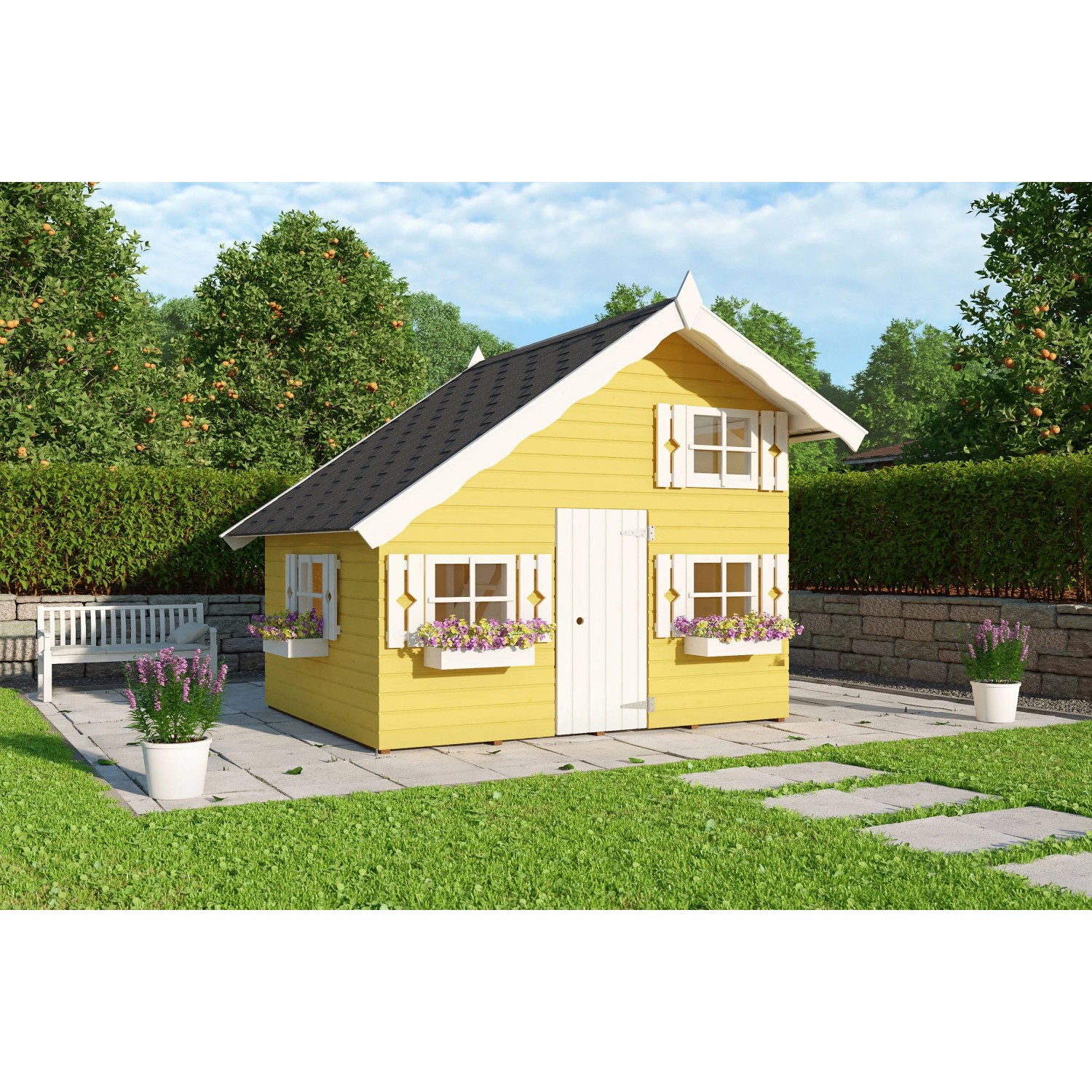 Gelbes Palmako Spielhaus Tom aus Fichtenholz mit Blumenkästen und weißer Tür.
