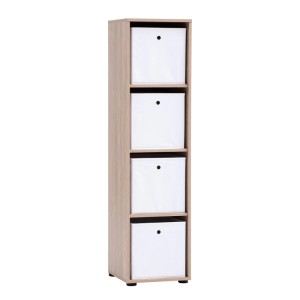 Schildmeyer Regal Arezzo Eiche, 150 cm hoch, mit 4 offenen Fächern und weißen Stoffboxen für Büro oder Wohnraum.