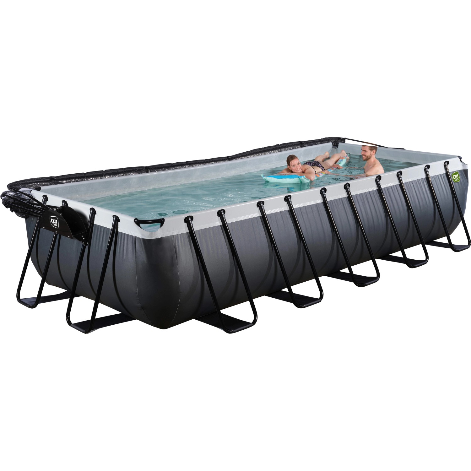 Rechteckiger Exit Black Leather Pool 540x250x100 cm mit Stahlrahmen, Sandfilterpumpe und Abdeckung.
