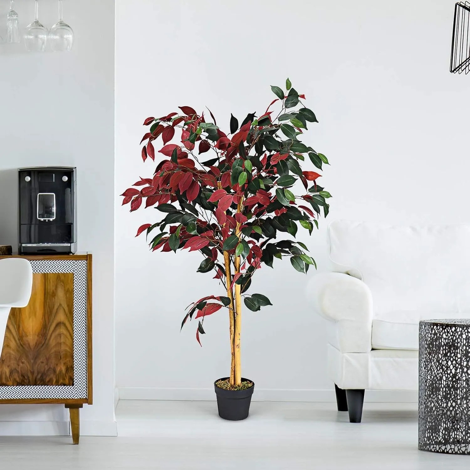 Costway Kunstpflanze Ficus, 120cm hoch, mit grünen und roten Blättern im schwarzen Topf für Zuhause oder Büro.