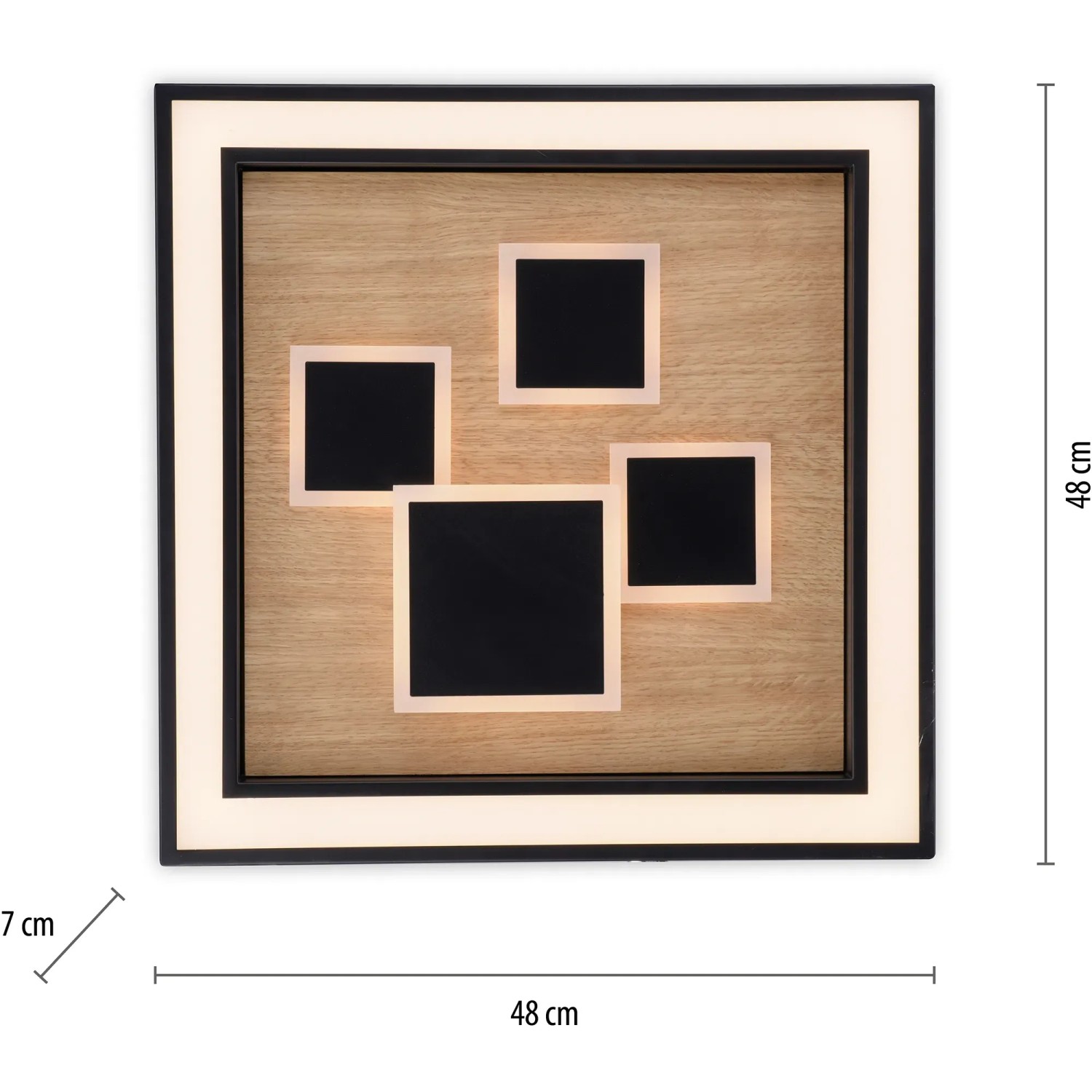 Quadratische Paul Neuhaus LED-Deckenleuchte Eliza in Holz Natur und Schwarz, 48x48 cm.