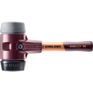 Halder Simplex Schonhammer Ø 80 mm mit grauem TPE-mid, schwarzem Gummi, kurzem Holzstiel und rotbraunem Gehäuse.