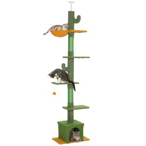 Grüner PawHut Katzenbaum mit Katzenhaus, Hängematte und Kratzflächen für Kletter- und Spielspaß.
