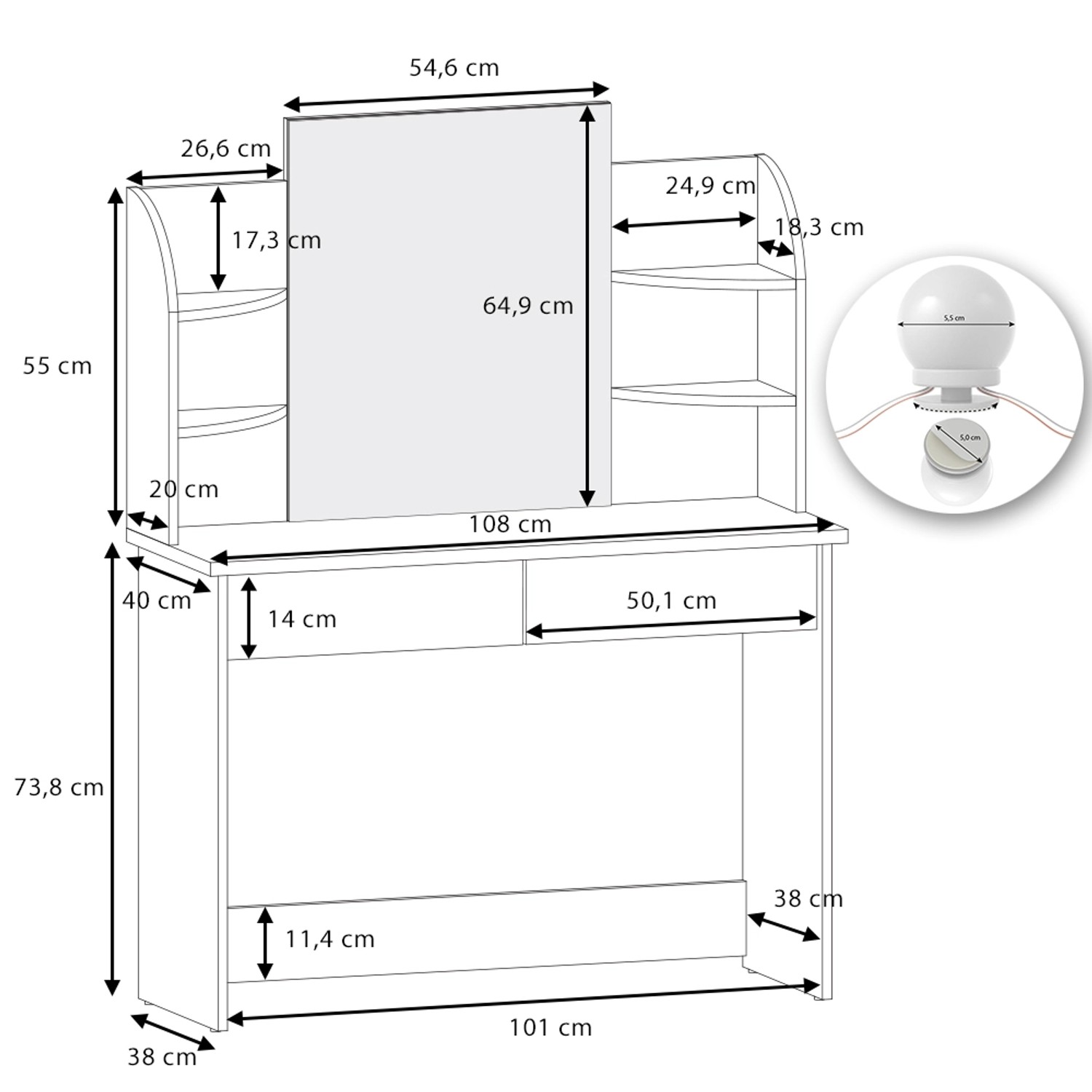 Skizze: Weißer Vicco Schminktisch Charlotte 108 cm mit LED Beleuchtung und Maßangaben.