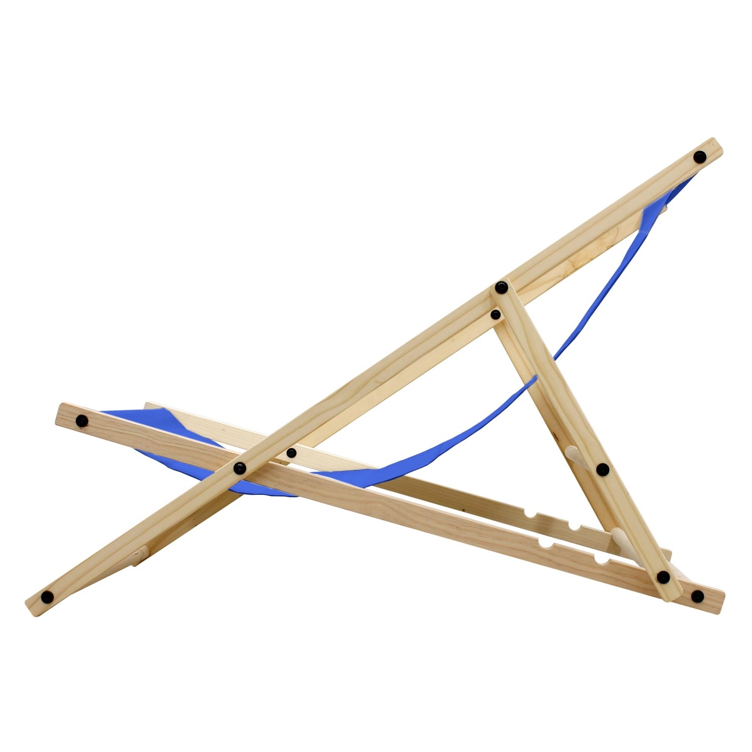 Klappbarer, blauer Holz-Liegestuhl mit 3 Positionen, ideal für Garten und Strand.