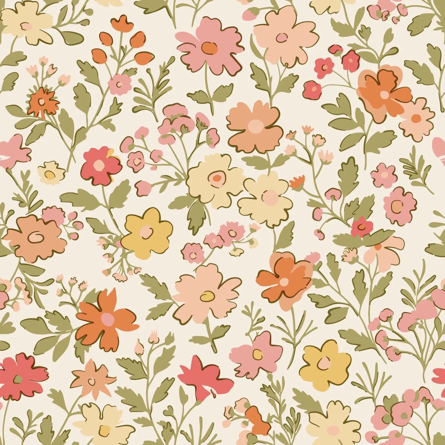 ESTAhome Vliestapete mit Blumenmuster in Rosa, Grün, Gelb und Orange.