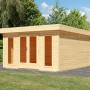 Naturbelassenes Karibu Gartenhaus Adelie aus Holz mit Pultdach und Doppeltür mit Lichtausschnitten.