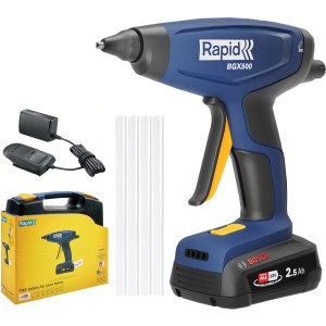 Rapid Akku-Heißklebepistole BGX500 18 V mit Akku, Ladegerät und Klebesticks im Koffer.