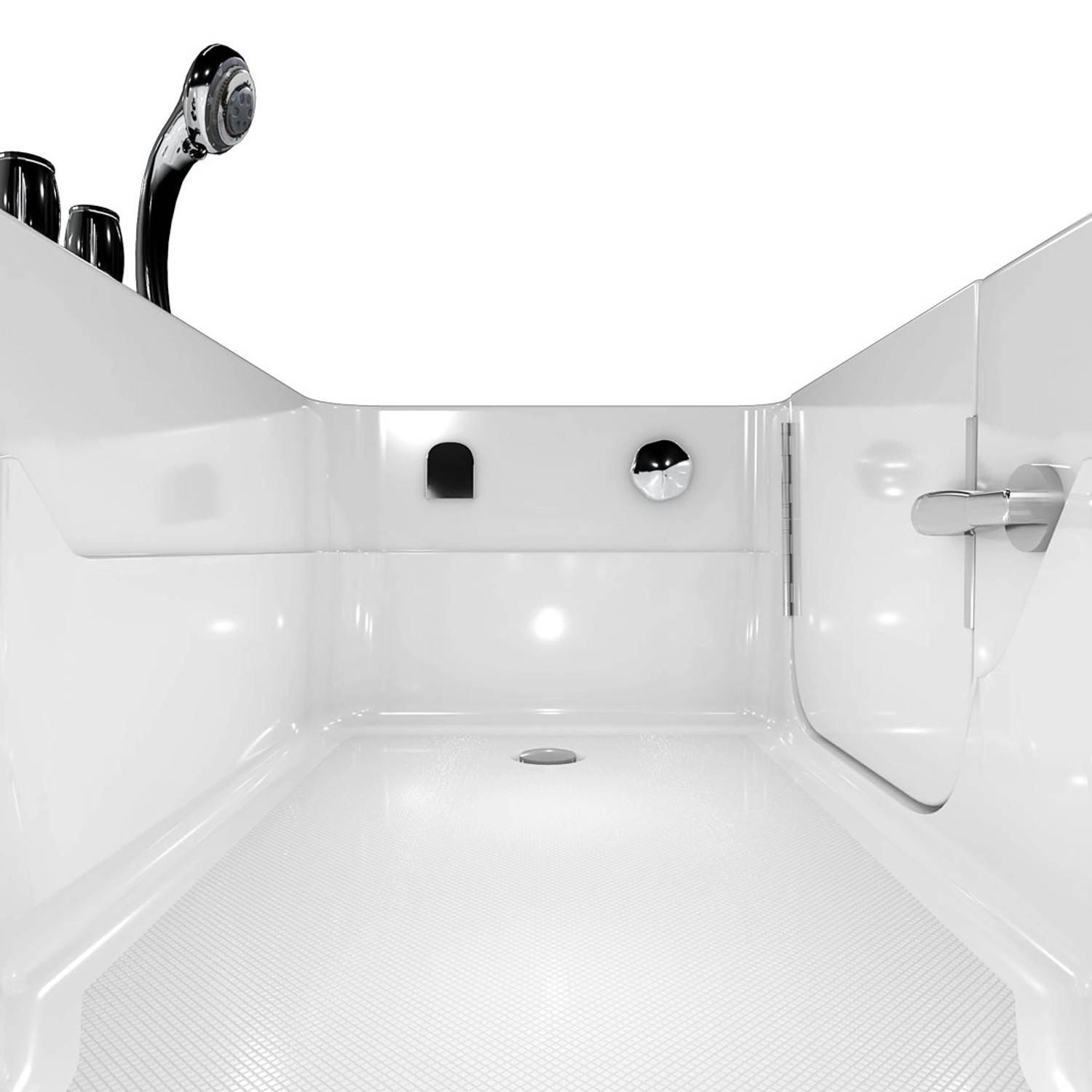 Innenansicht der weißen AquaVapore Seniorenwanne mit Tür, Handbrause und Armaturen.