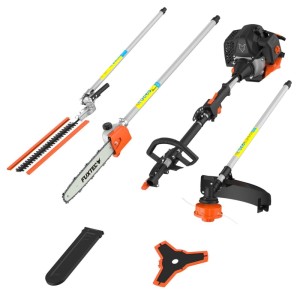 FUXTEC 4in1 Benzin Multitool mit Motorsense, Hochentaster, Heckenschere und Fadenkopf. Orange-schwarzes Gartengerät.