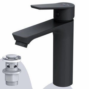 AM.PM Waschtischarmatur Hit M, schwarz, mit Klick-Ablaufgarnitur. Waschbeckenarmatur für Bad & WC.