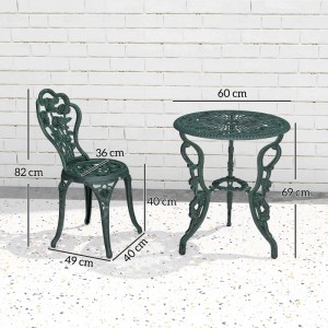 Antikes Bistro Set aus Gussaluminium, bestehend aus Tisch und zwei Stühlen für den Garten.