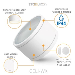 Weißer LED Deckenstrahler für Feuchträume, IP44, warmweißes Licht. Ideal für Bad und Außenbereich.