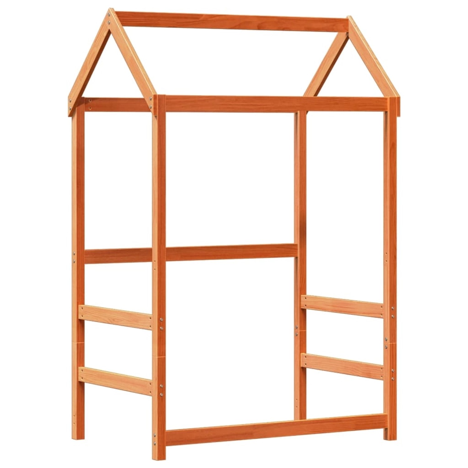 Orangefarbenes Massivholzbett mit Dach und Bank, 80x200 cm, Kiefernholz