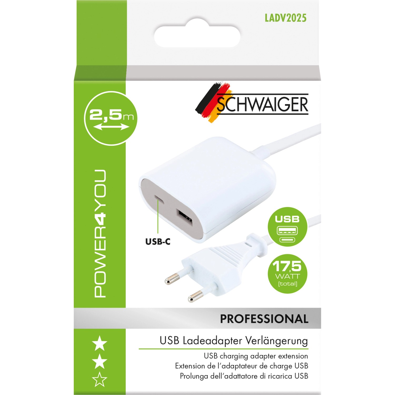 Schwaiger USB Ladeadapter mit 2,5 m Verlängerung und USB-C Anschluss zum Laden von Geräten.
