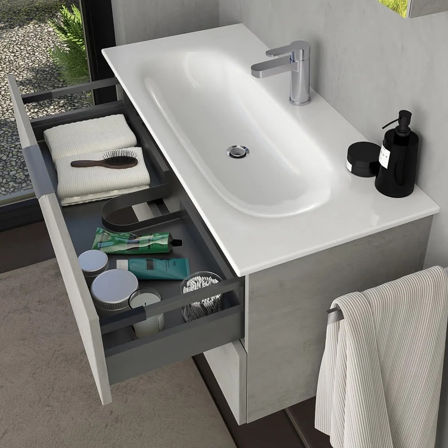 Steinkamp Waschtisch-Set Living 2.0 Oxid Hellgrau mit GROHE Essence, 100 cm breit.