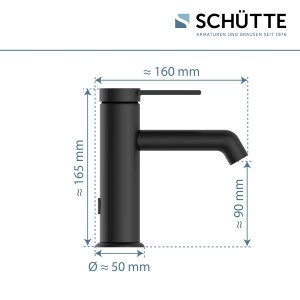 Schwarze, matte Schütte Waschtischarmatur Los Angeles mit Maßangaben.