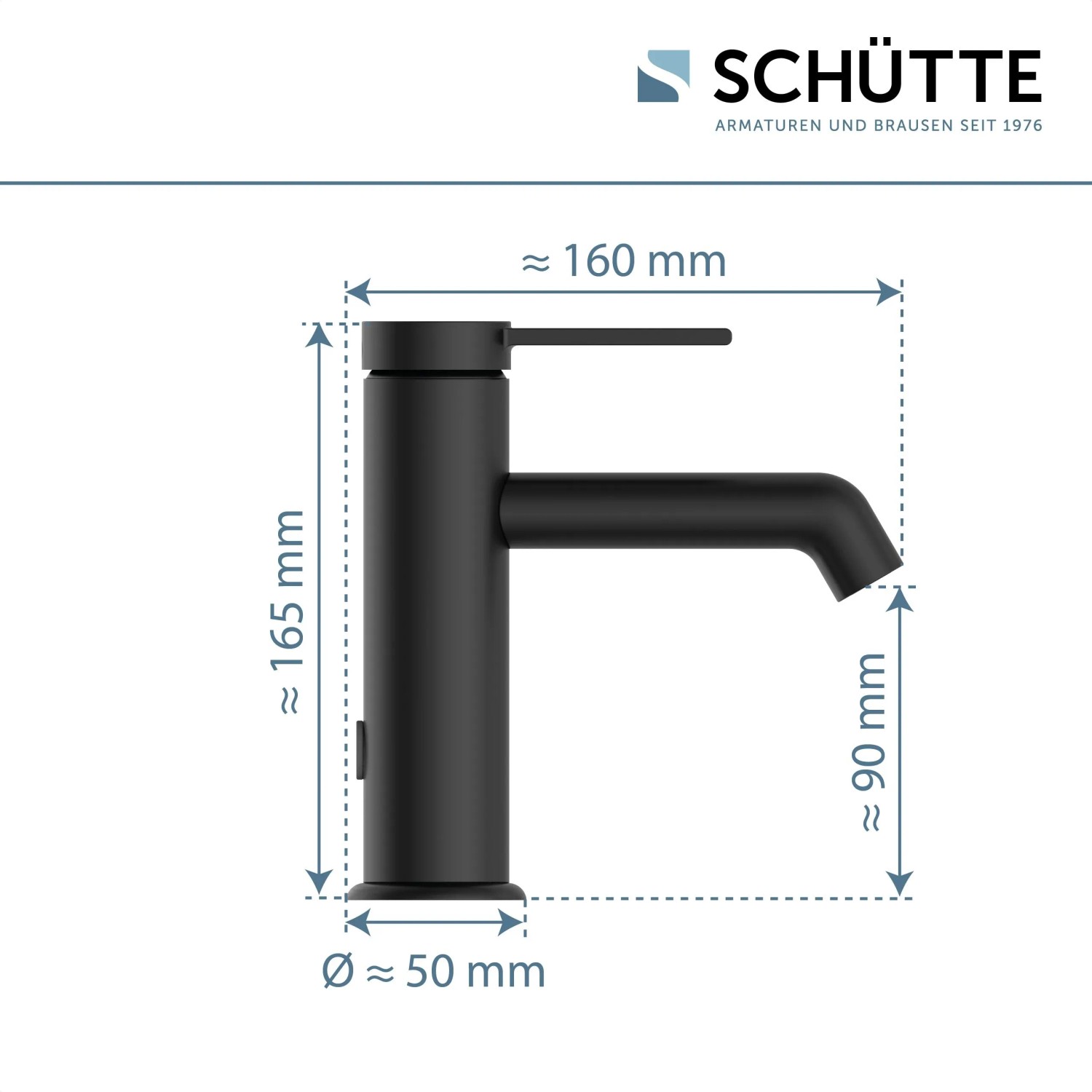 Schwarze, matte Schütte Waschtischarmatur Los Angeles mit Maßangaben.