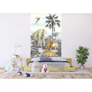 Sanders Fototapete Dschungeltiere grau, 1,5x2,7m im Kinderzimmer.