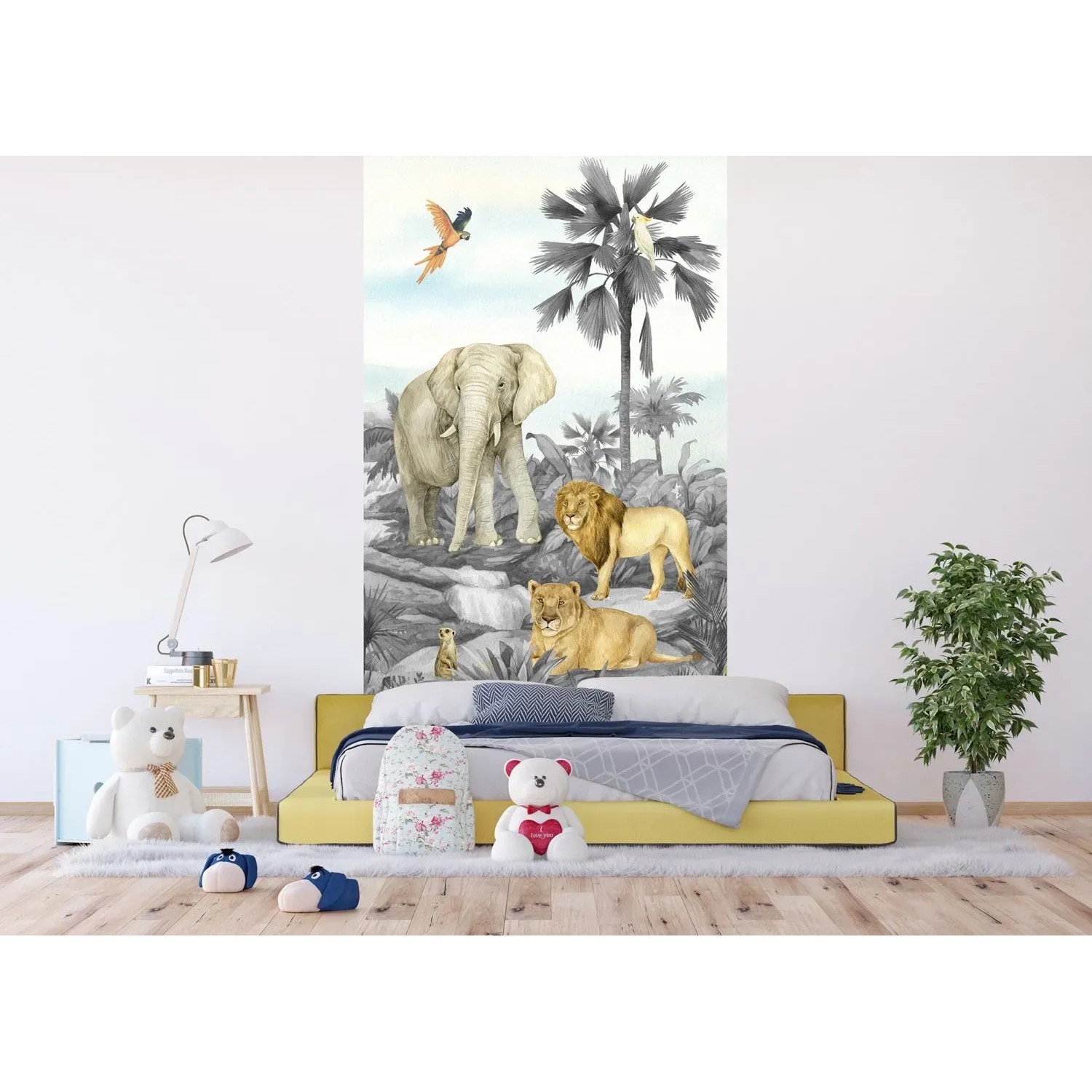 Sanders Fototapete Dschungeltiere grau, 1,5x2,7m im Kinderzimmer.