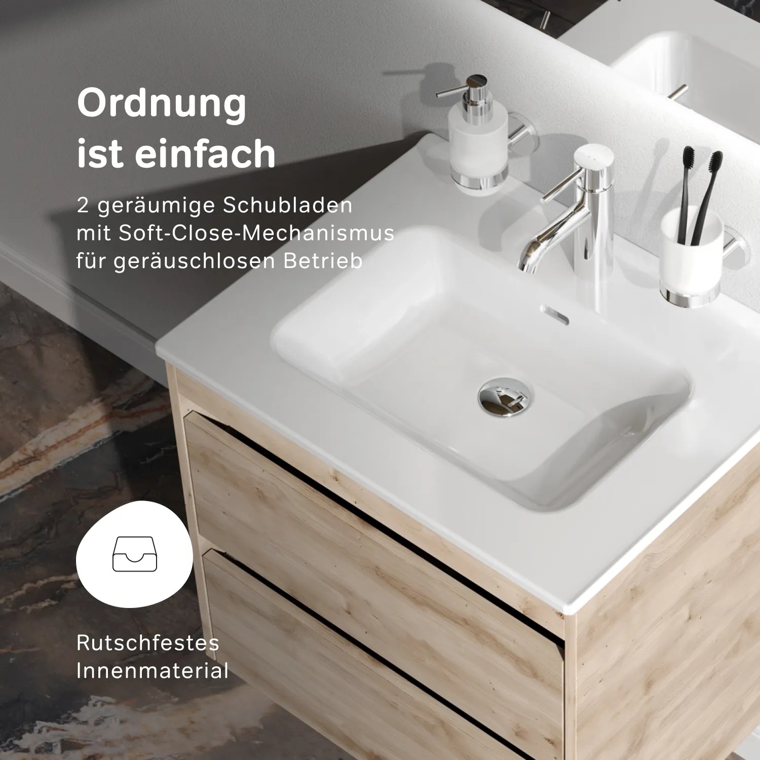AM.PM Waschtischunterschrank Spike 60 cm in Eichenfarbe mit weißem Becken. Zeigt 2 Soft-Close-Schubladen und rutschfestes Innenmaterial.
