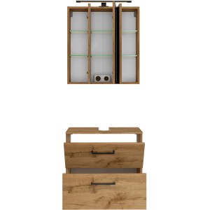 Held Möbel Badmöbel-Set Florenz in Wotaneiche: Unterbeckenschrank und Spiegelschrank mit LED-Leuchte.