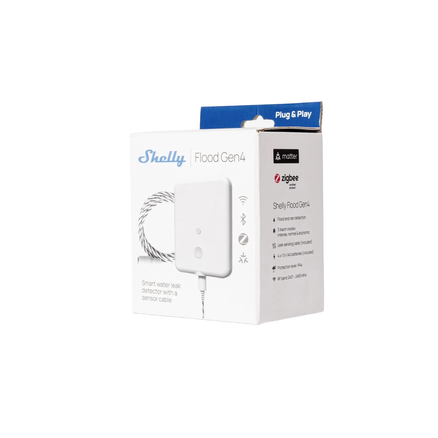 Shelly Flood Gen4 Wassersensor in Weiß, Smart Home Leckageschutz.