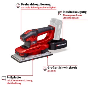 Einhell Akku-Schwingschleifer TE-OS 18/230 Li Solo: Roter Schleifer mit Staubfangsack und Akku.