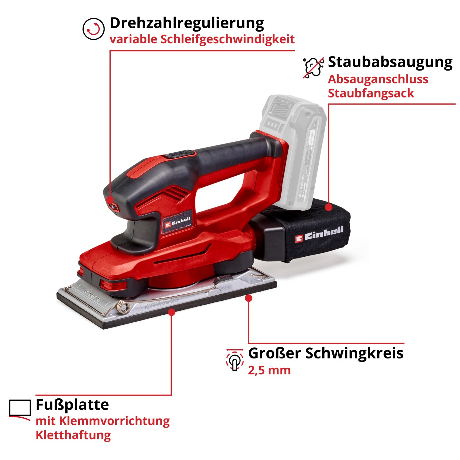 Einhell Akku-Schwingschleifer TE-OS 18/230 Li Solo: Roter Schleifer mit Staubfangsack und Akku.