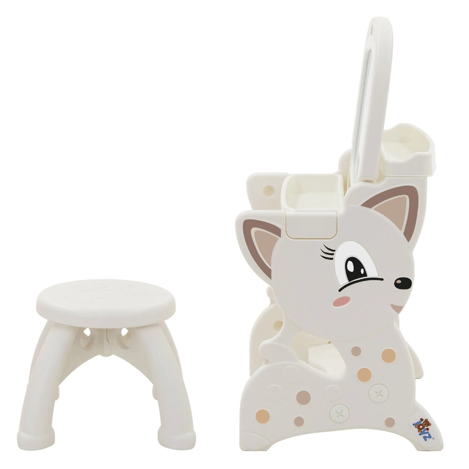 Weißer Joyz 3in1 Spieltisch im Reh-Design mit LCD-Tafel, Hocker und Ablagen. Vielseitiges Spielgerät für Kinder.