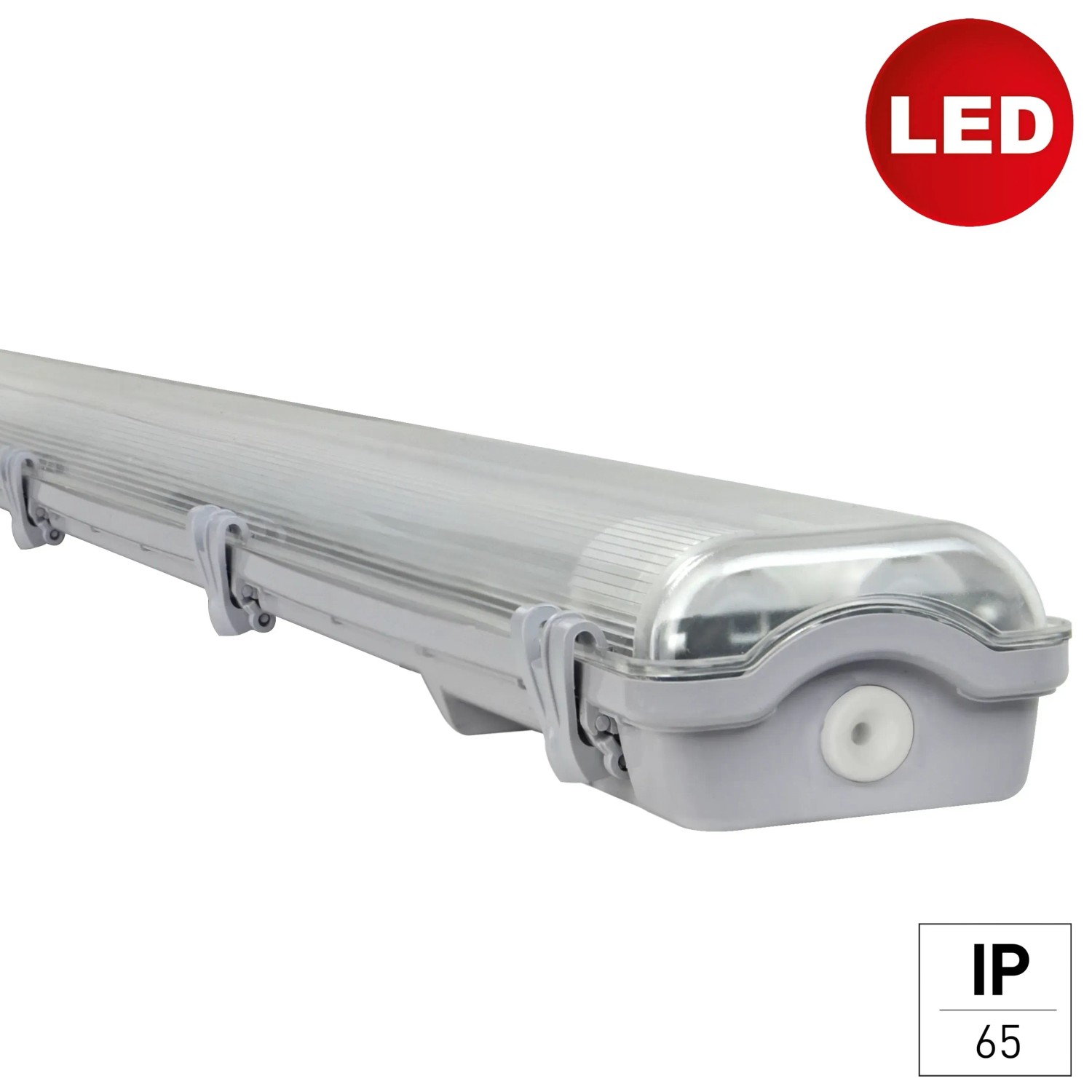 Graue E2 Elektro LED Feuchtraumleuchte Classic M 2x18W mit transparentem Schutz und IP65 Schutzart.