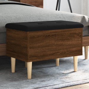 Braune vidaXL Sitzbank mit Stauraum und schwarzem Sitzkissen. Eichen-Optik, Holzfüße.