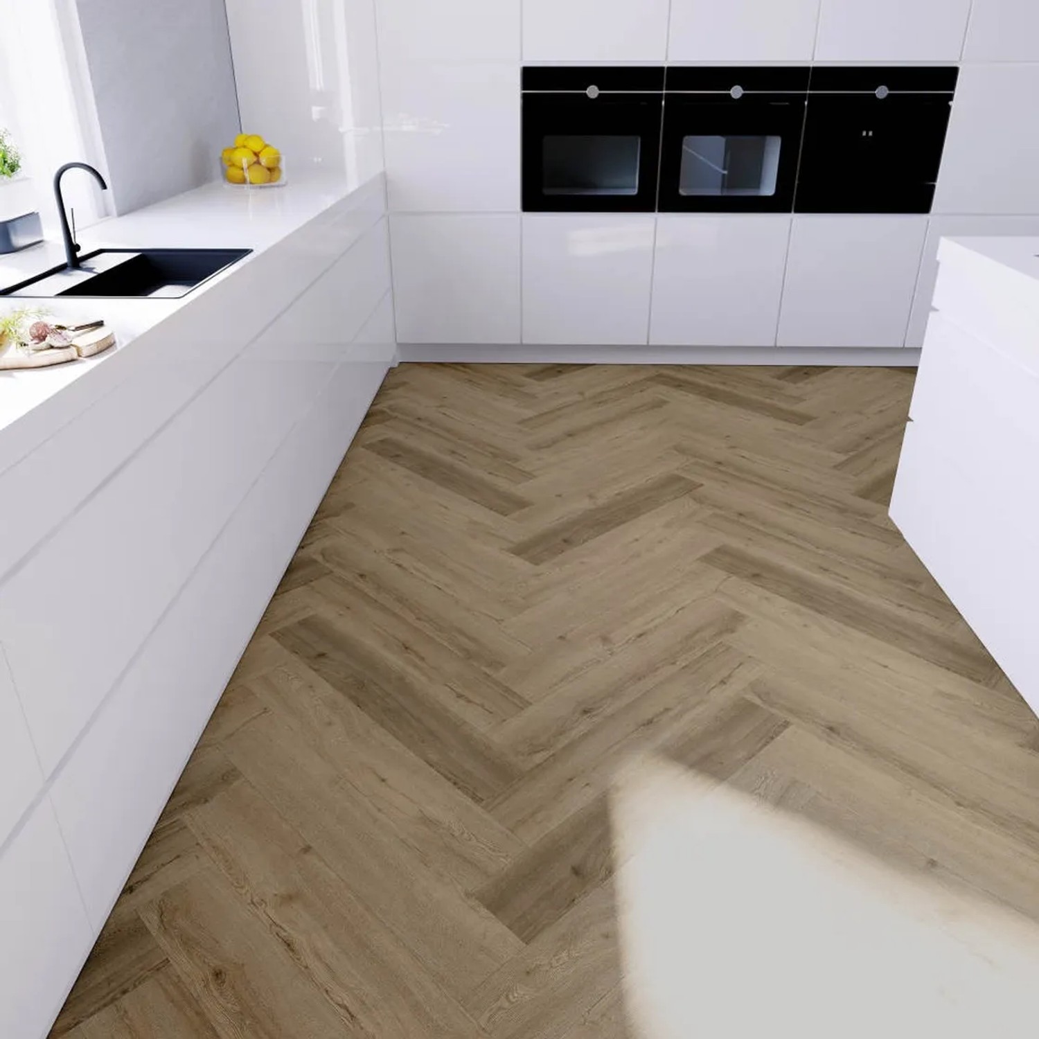 Anaturo Klebe-Vinylboden Mio 55 Eiche Varese Fischgrät in moderner Küche.