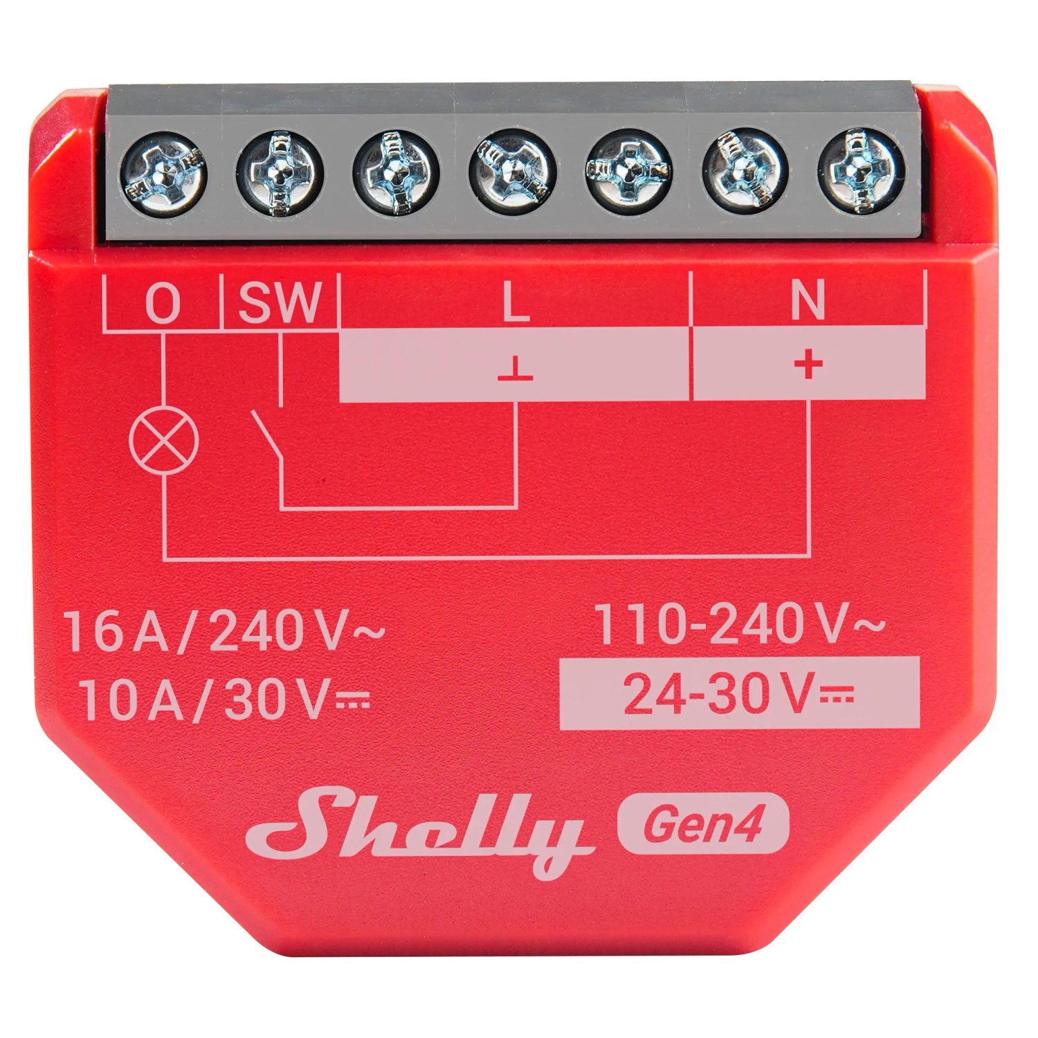 Rotes Shelly 1PM Gen4 Smart-Relais für die Hausautomation, Unterputzmontage.