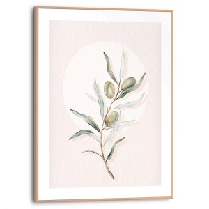 Gerahmtes Bild Circle Olives, 40x30 cm, grüne Olivenzweig-Illustration für Wohnzimmer.